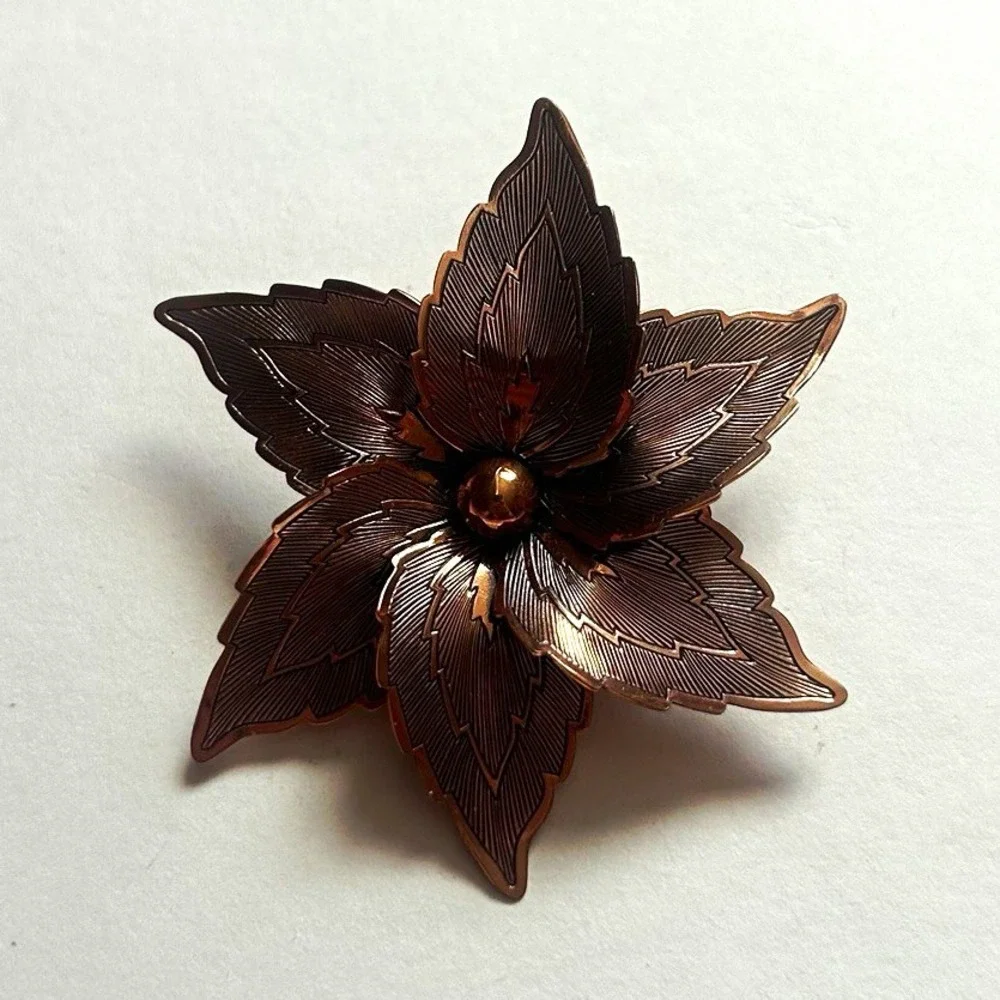 Copper Flower Brooch Pin - Metal Pin, No Stone - Flowers & Plants Theme